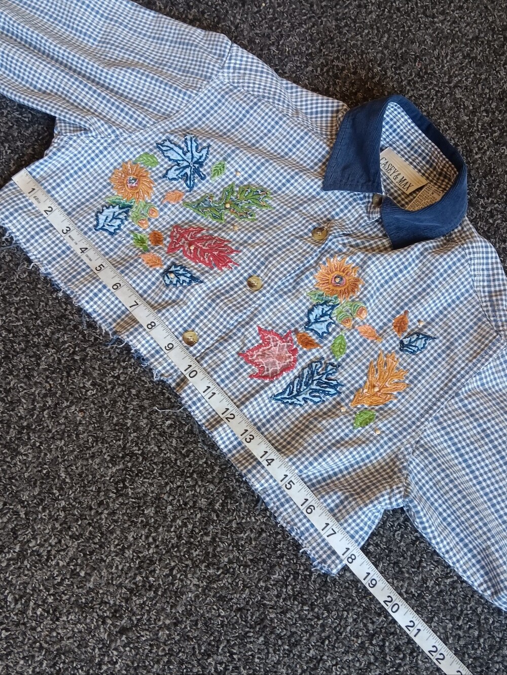 90s Fall Embroidered Leaf Blue Gingham Cropped Button-Up Cut-off Sz. Small - Picture 10 of 11